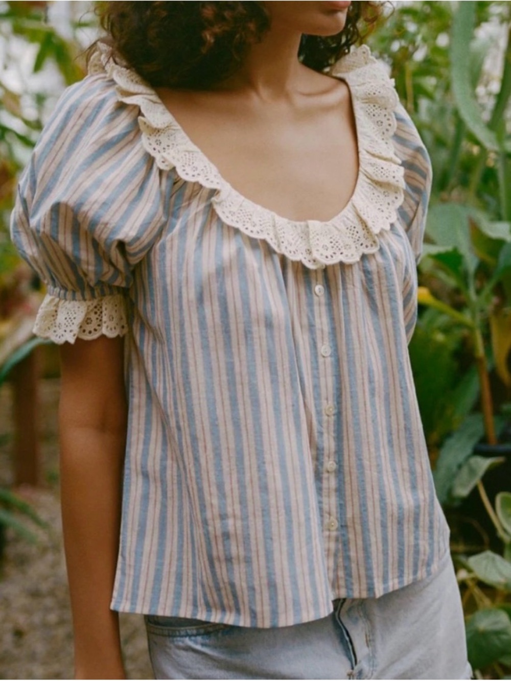 ISO Christy Dawn Valentina Blue and Cream Striped Lace-Trim Puff Sleeve Blouse
